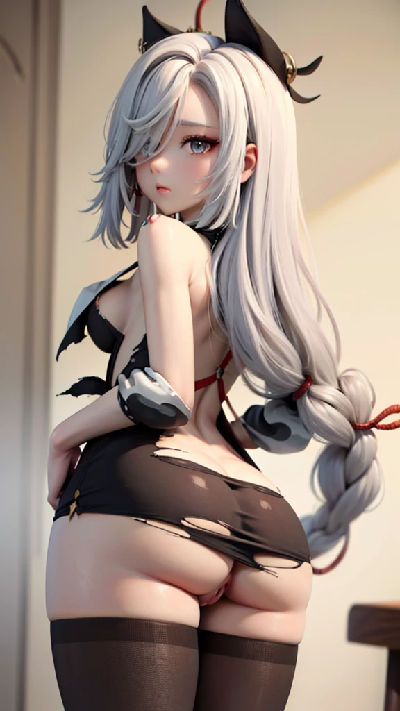 1girl, cute, from behind, black pantyhose, ((naked pussy)), torn pantyhose, big ass, white hair, ((pussy)), ((cumming))