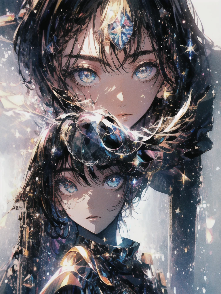 ((masterpiece, highest quality, Super detailed, High resolution)), alone, beautiful girl, shining eyes, perfect eyes, , black white gold theme,