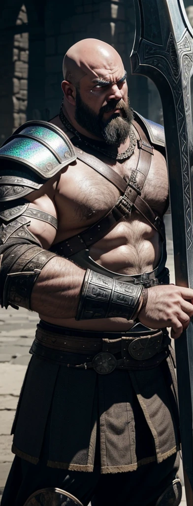 Masterpiece, denoise, void noise, one man, best quality, 8k resolution, male focus, focus only, amazing composition, volumetric lighting, super quality, elegant, Very detailed, front view, facing viewer, -----------, 35 years old, mature face, muscular, Caucasian, (((white skin, pale skin))), handsome, (detailed light-blue eyes), ((light blonde hair, messy medium hairstyle)), big ears, (hairy pectorals, thick plenty chest and body hair), (medium long beard), (((((Jim Sturgess mixed with Russell Tovey))))), (((big nipples, perky nipples))), ------------, ((((detailed viking armor trousers and top)))), ((((tied up)))),