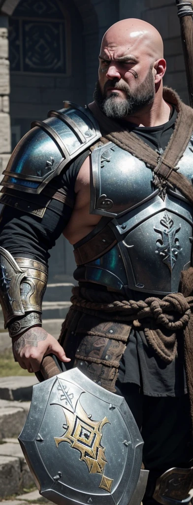 A burly bald warrior. He is equipped with heavy metal armor that covers his entire body.. The armor is decorated with iridescent runes etched into it.. His face shows anger. In his hands he carries a huge two-handed axe.. In the background you can see the square of some medieval city. A scar crosses his unshaven chin..