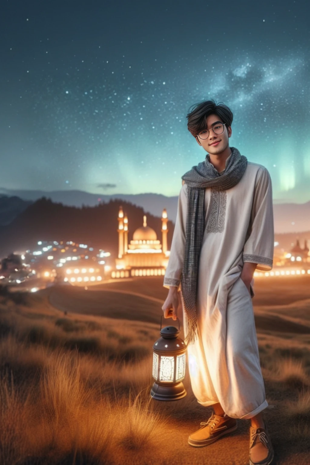 man in white outfit holding lantern in desert with city lights in background, profile picture 1024px, portrait shot, mid shot portrait, inspired by Amir Zand, matte painting portrait shot, brandon woelfel, trending on 5 0 0 px, trending on 500px, ethereal starlit city at sunset, lightroom preset