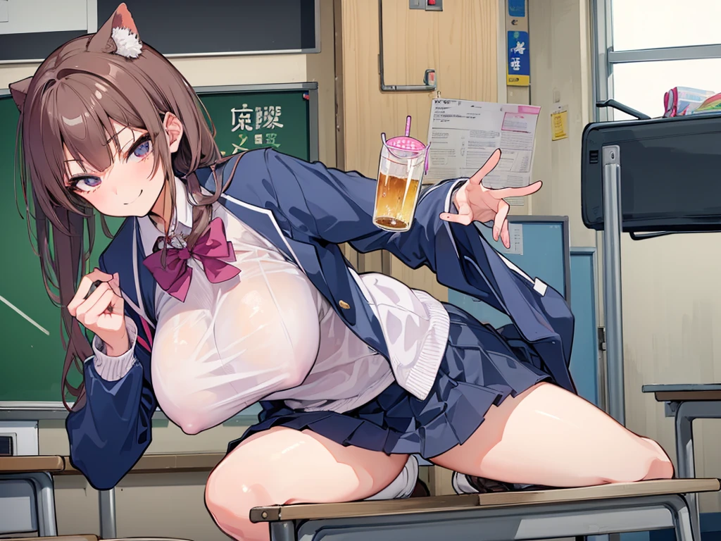 high school girl、Dressed in high 、School classroom、((Big Breasts))、There is only one person、((((独奏))))、(one girl)、smirk、