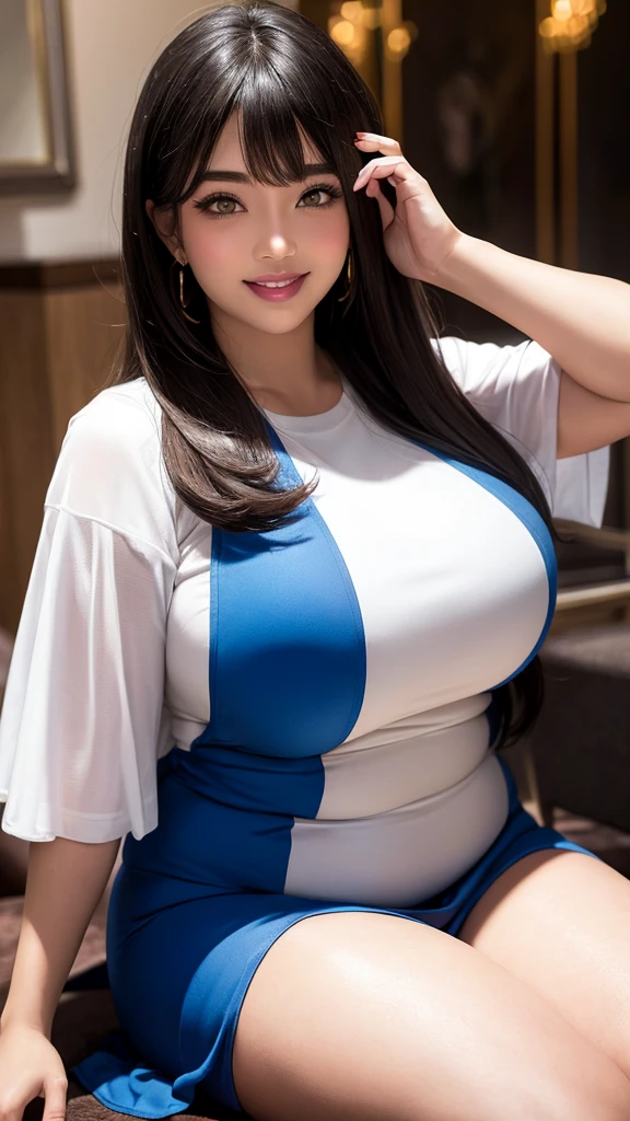 Mystical Eyes、Are fat、fat、Fair skin、Mysterious Beauty、Very sexy、goddess、Large Breasts、smile、smile、Blur the background、alone、Shiny Hair、Provocative face、smile、Plump、Indian、White oversized t-shirt、Pompadour、Has bangs、Bangs fall on the forehead、Anime Style