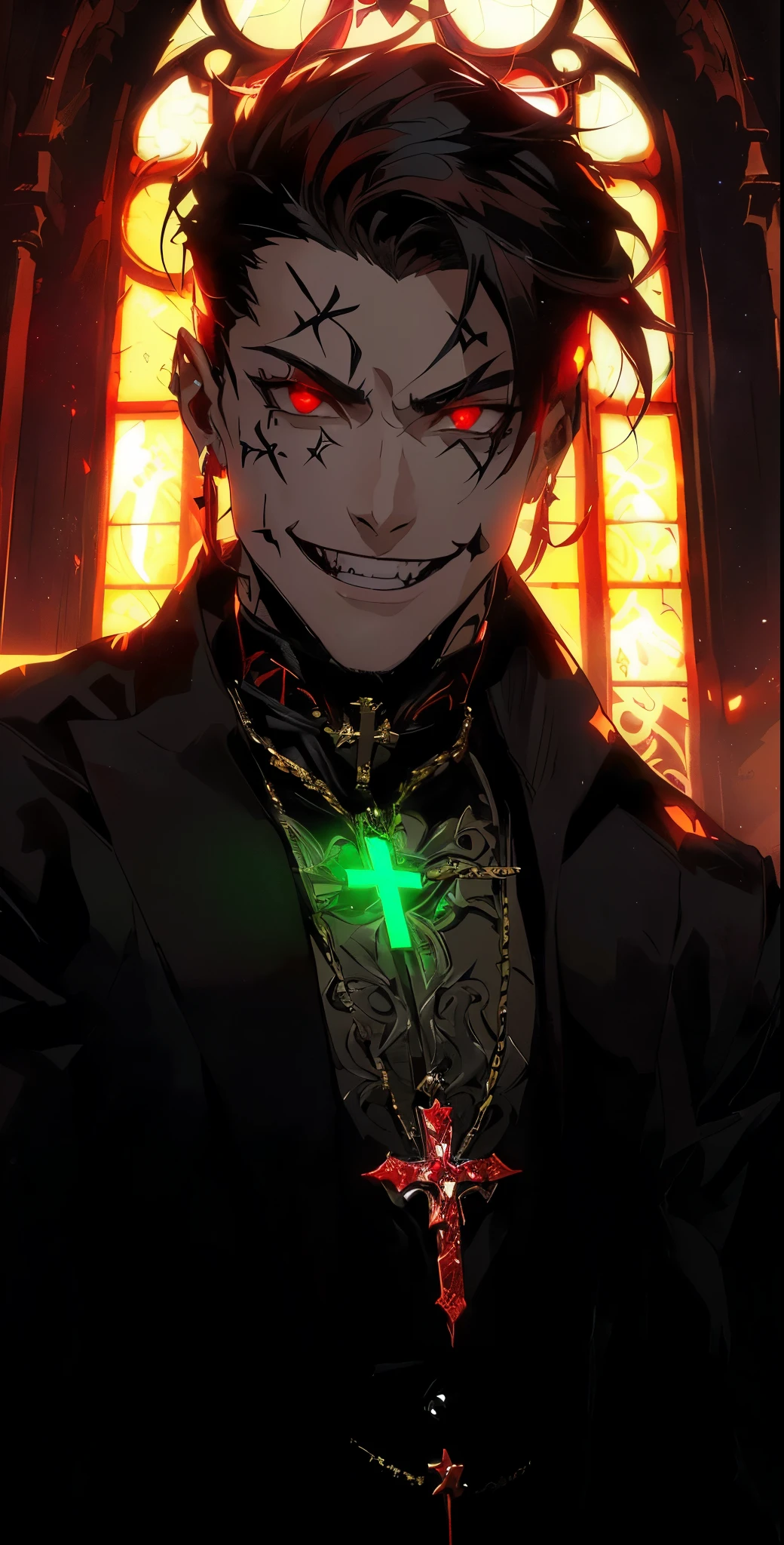a close up of a person with a cross and a cross on his chest, handsome guy in demon slayer art, evil smile and glowing eyes, androgynous vampire, male vampire, with glowing eyes, handsome male vampire, with red glowing eyes, fantasy art smug smile man, with glowing red eyes, handsome japanese demon boy, beautiful male god of death