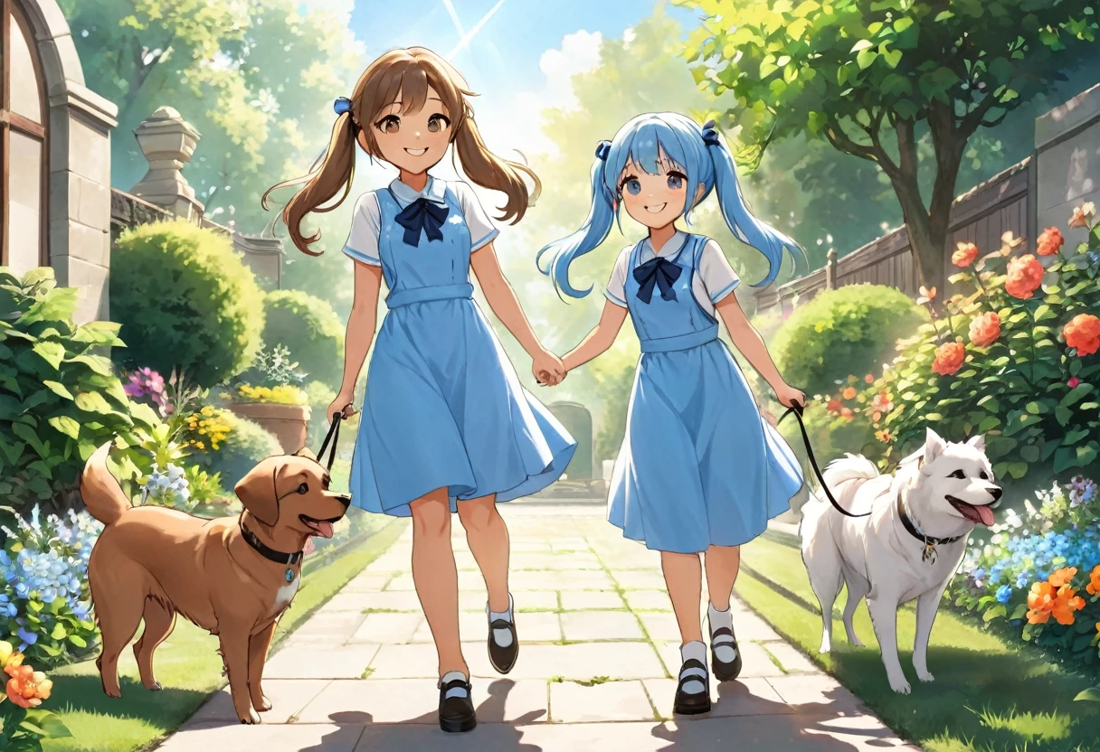 A garden bathed in sunlight Light blue long hair Twin-tailed Girl With two dogs A really enjoyable walk Adorable smile
