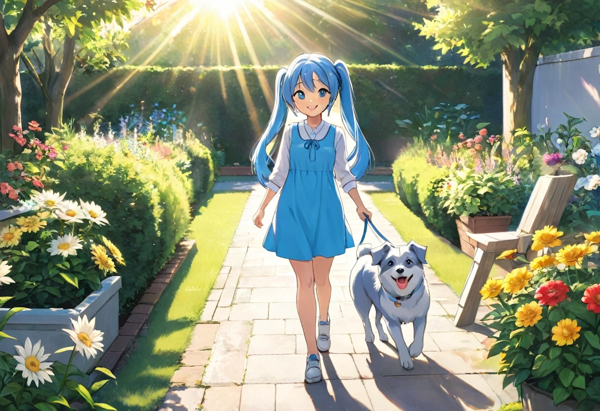 A garden bathed in sunlight　Light blue long hair　Twin-tailed Girl　With two dogs　A really enjoyable walk　Adorable smile　