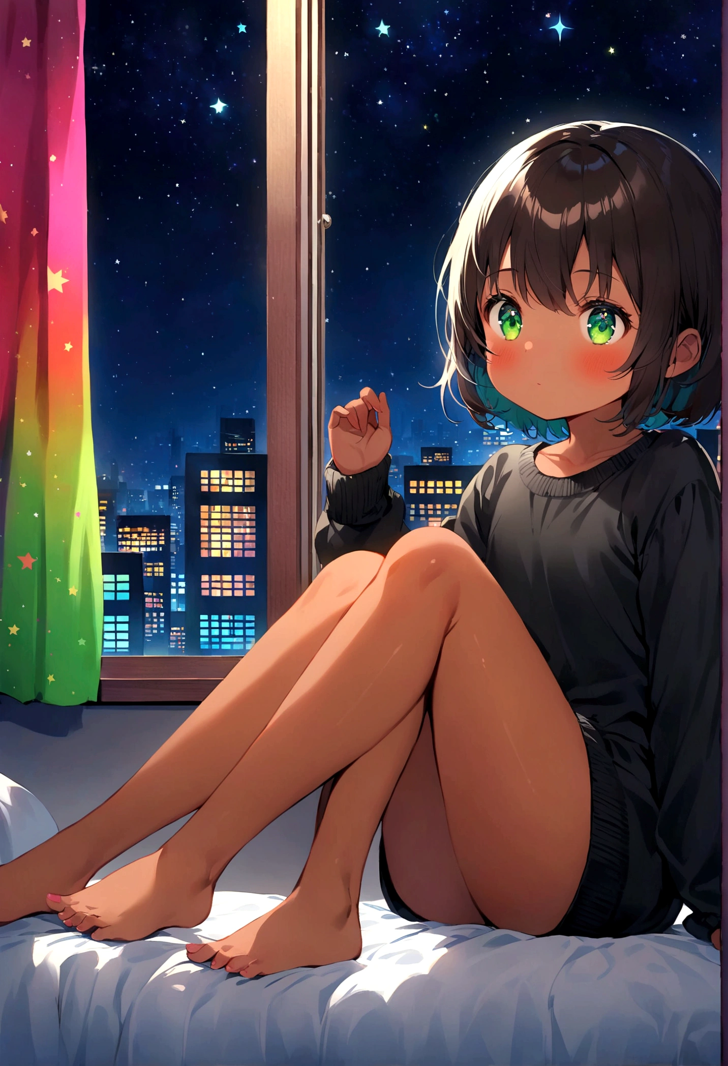 , short hair, dark hair, tan, green eyes, black sweater,  legs, Sitting on the bed looking at the window, it's night, The night is full of bright stars, From the window you can see buildings with their windows open, Your room is tidy, Very colorful, bright colors, 
