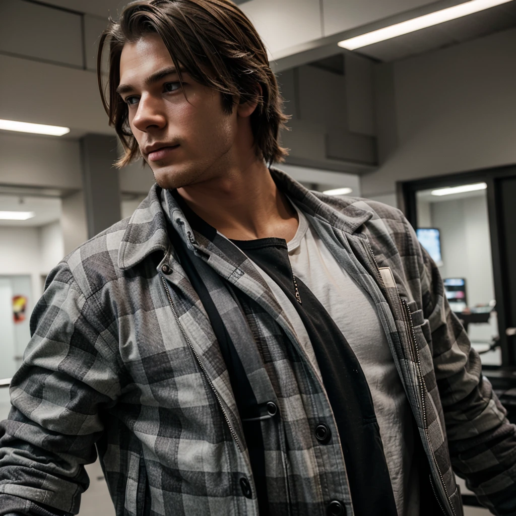 young male gamer in a gray checkered jacket carrying Thor's ax, wearing glasses and wavy black hair with a taper cut, black eyed.