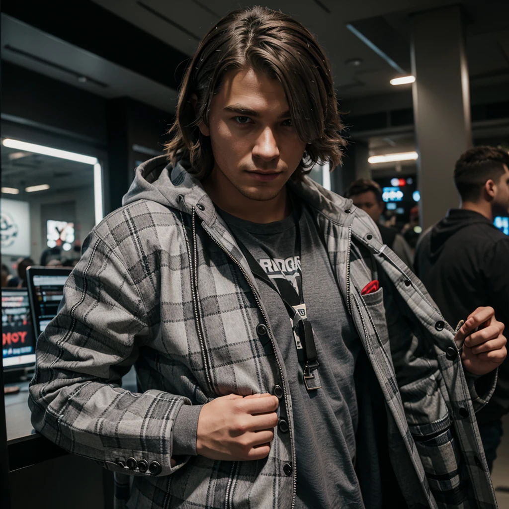 young male gamer in a gray checkered jacket carrying Thor&#39;s ax, wearing glasses and wavy black hair with a taper cut, black eyed.