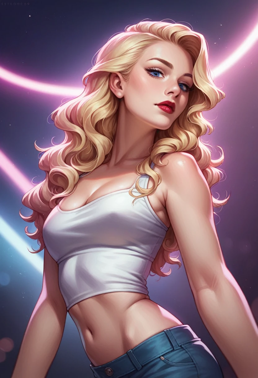 blonde woman with wavy hair, 21 years old, red lips, view from the side, small mouth closed, medium , blue eyes, realistic photo, glamour photo, night club, neon light, high pov, looking down, sexy, midriff
