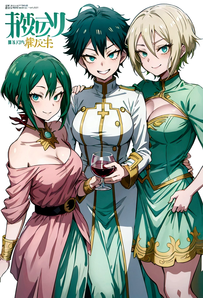 screenshot my hero academia, very beautiful woman, short wavy hair, light green hair, light blue eyes, smiling seductively, white background, on a magazine cover, wine-colored dress, anime style, my hero academy style