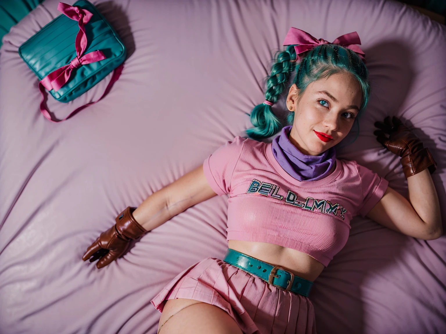 (masterpiece, best quality), 1girl, solo, (j4nu4ryj0n3s lying on back), (blmpony), (epiCRealLife), (underboobs), (half breasts), ((bulma_v1), (red lipstick), (aqua hair), (blue eyes), (young woman), (European model), (pink bulma_v1 shirt), (pink skirt), (pink pleated skirt), (pink hair ribbon), (aqua braided ponytail), (belt), (blue waist bag), (purple scarf), (bulma_v1 clothes writing) , (wrist gloves), ( brown leather gloves), (medium breasts), (bulma_v1 pink skirt),(light smile), (lying on the bed), (close up), (planters), (in a bedroom), (flash photography)