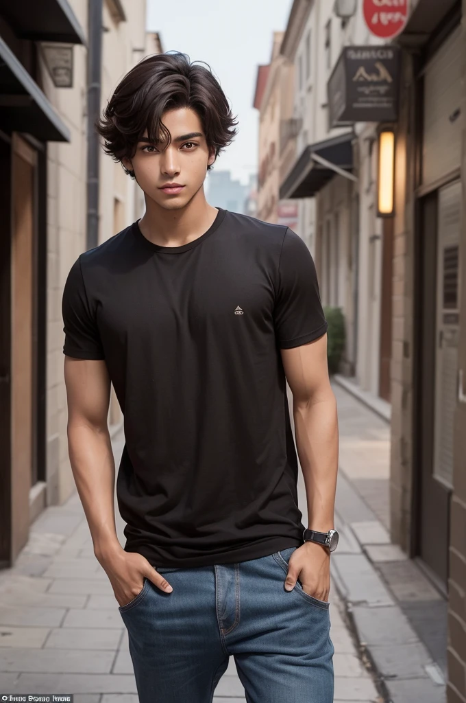 Appearance: Santiago is a dark-skinned young man with amber colored eyes that contrast with his medium-length dark brown hair.. your body is defined, casual outfit