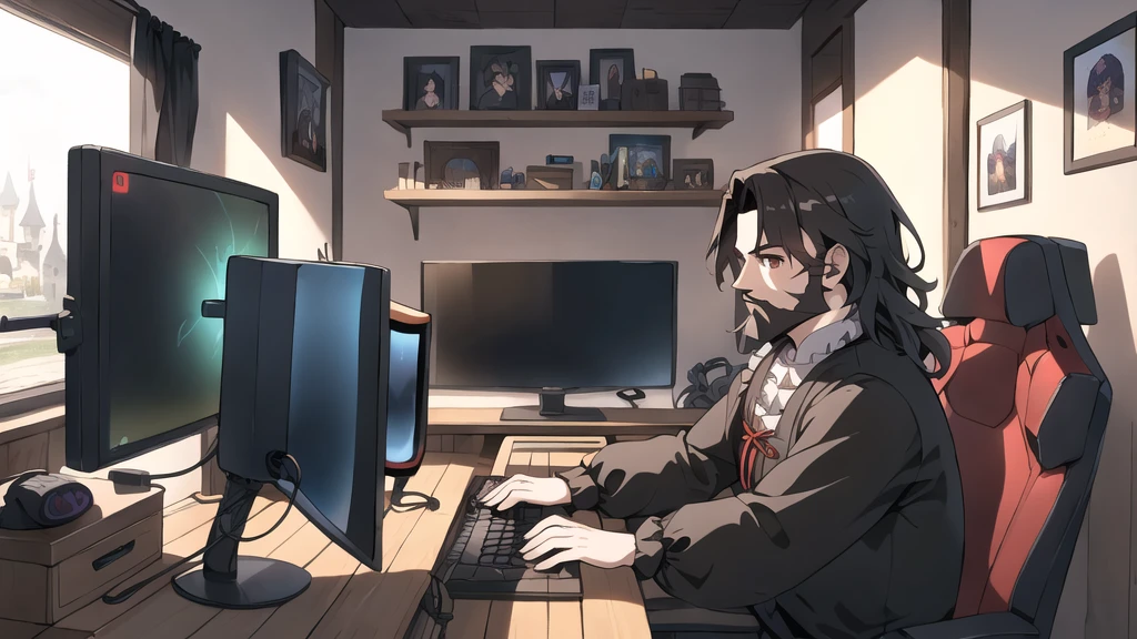 neocruz long black hair, Brown eyes, Spotlight, a mature male villager with a beard, utiliza una computer de juego dentro de una casa campesina.,peasants wearing renaissance clothing,Dur3r Style,(gaming computer monitor, keyboard (computer), cables, rgb games),horses,castle in the distance,