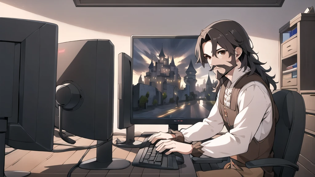 neocruz long black hair, Brown eyes, Spotlight, a mature male villager with a beard, utiliza una computer de juego dentro de una casa campesina.,peasants wearing renaissance clothing,Dur3r Style,(gaming computer monitor, keyboard (computer), cables, rgb games),horses,castle in the distance,