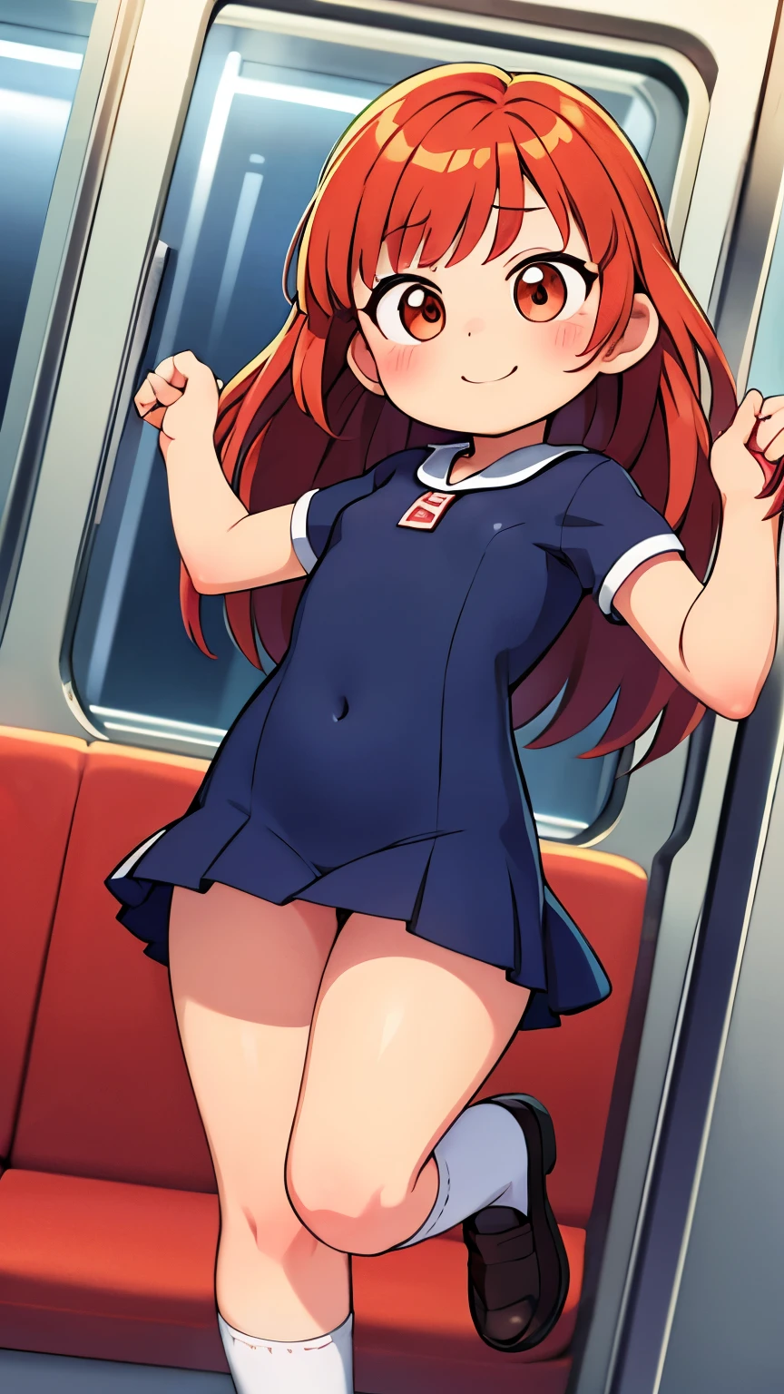 {highest quallity], [super cute], [Ultrathin], [Best illustration], nsfw,chestnut hair, hime cut, long hair, with bangs, Kizi, sailorsuit,Navy blue knee socks and black loafers,ssmile, blush, slender women,manga curta,Long straight skirt, adult women,Strike a pose,Inside the train at night,diagonal,