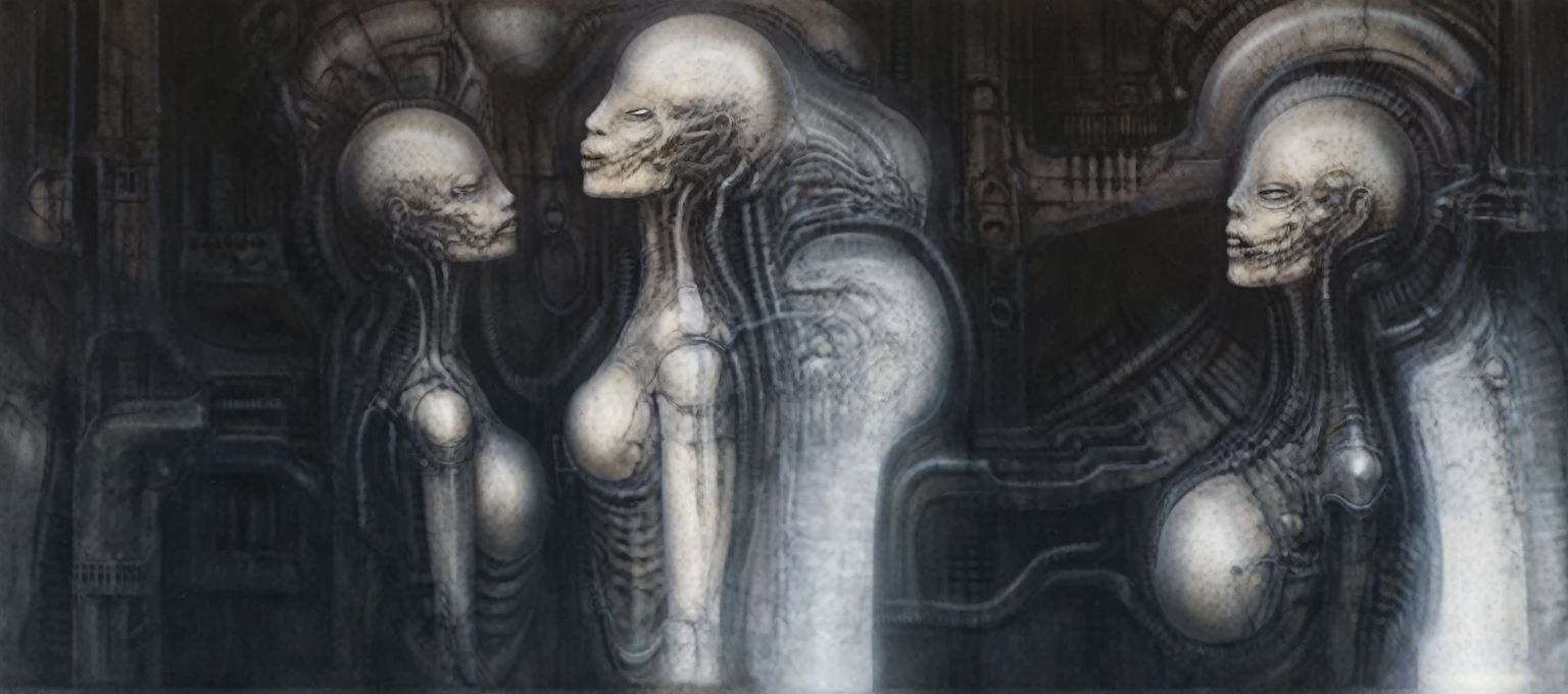 g1g3r t4bl3 The image is a detailed view of H.R. Giger's Tableau \" Biomechanical Landscape No 312 \" plate.
The image is a photograph of a complex, abstract bone and ivory structure that resembles pipes and wires. The structure is composed of numerous pipes and wires intertwining and overlapping each other in a chaotic yet harmonious manner.
The style is clearly biomechanical. Features combination of organic and mechanical forms. Mechanical elements dominate the background of composition, there are subtle organic hints. The use of undersaturated purple-grays dark contrasts creates a stark and graphic look. Is used a variety of linework techniques to create different textures. Fine, parallel lines create a smooth, metallic texture,while thicker, more cursive lines suggest cables or wires. The artwork is shiny and purplish brown, with an ivory bones prominently displayed. The image is highly detailed and intricate, almost like a 3d version of a medical diagram (detailed view of an anatomy sketch, possibly of a humanoid body, with transparent organs and bones exposed). The piece has a thick mechano-organic texture and is covered in fine details. The image has a swirling, organic quality to it. The artistic manner would be unmistakably Gigeresque. A dark and unsettling beauty would permeate the piece, blurring the lines between fascination and repulsion , forever haunted by the grotesque allure. Giger's signature artistic manner would be evident in every stroke. The airbrush would be wielded with masterful precision to create a hyperrealistic yet yet nightmarish aesthetic.
The texture of ivory with signs of burning and fossilization can be seen in the mix of smooth and rough brushstrokes. By Peter mohrbacher
