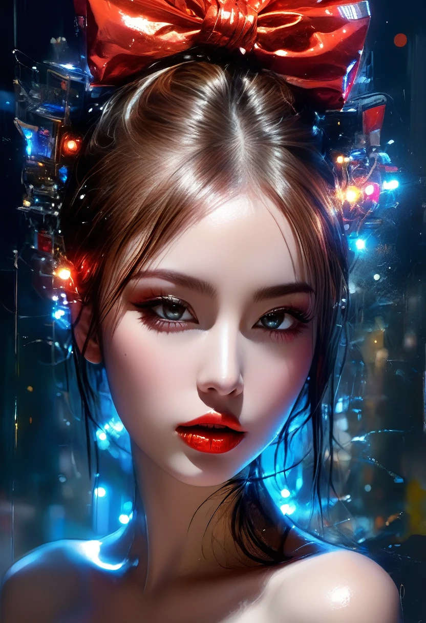 Design sophisticated digital artwork。, futuristic femme fatale,Sexy girl in Santa costume、 reflective glass glass and smooth, high tech texture, balls of light、Centered, Approaching perfection, Dynamic, Highly detailed, art stations, Concept art, sleeoing,flowingwater、 Sharp Focus, Illustration, art by carne griffiths and wadim kashin, graffiti airbrush techniques, High Definition, Accent Lighting, Contrast with bright paint colors、Deep Depth Of Field、masutepiece、highcontrast、ultra-detailliert、