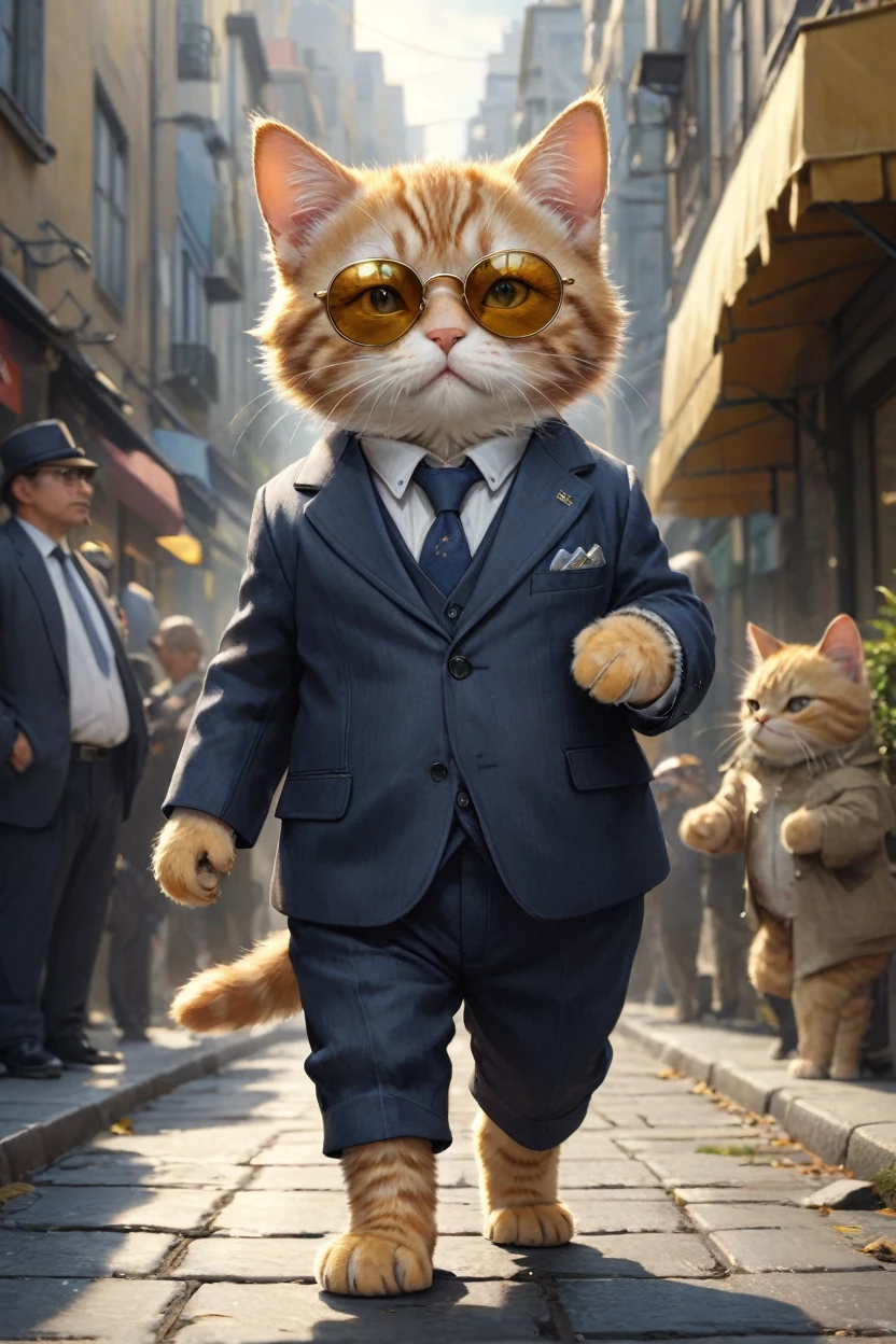 small, かわいいbornき物,Wearing a suit、sunglasses、 whole body,Walking through a peaceful modern city, Costumes,、 Fantasy art, Exquisite detail, Jean-Baptiste Monge Style, 、Alan Lee Style, An anthropomorphic, fat, furry tabby kitten with yellow eyes, Movie Scenes, Dramatic shot angles, , Realistic, born々Amazing cinematic photorealism, Action Portrait, 8K, detailed, Full Frame