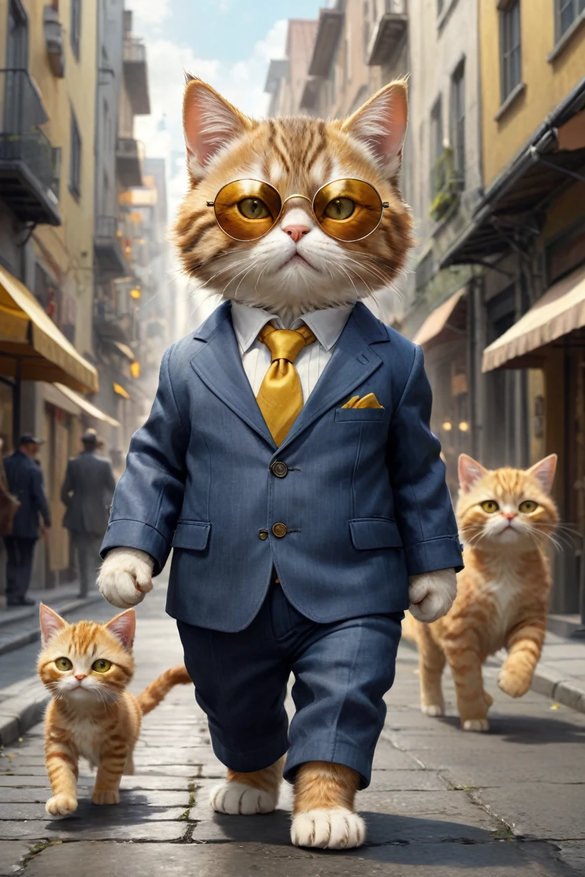 small, かわいいbornき物,Wearing a suit、sunglasses、 whole body,Walking through a peaceful modern city, Costumes,、 Fantasy art, Exquisite detail, Jean-Baptiste Monge Style, 、Alan Lee Style, An anthropomorphic, fat, furry tabby kitten with yellow eyes, Movie Scenes, Dramatic shot angles, , Realistic, born々Amazing cinematic photorealism, Action Portrait, 8K, detailed, Full Frame