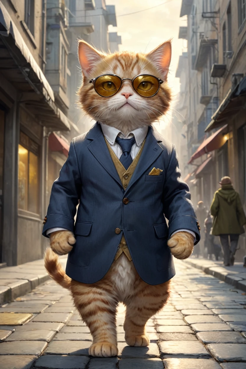 small, かわいいbornき物,Wearing a suit、sunglasses、 whole body,Walking through a peaceful modern city, Costumes,、 Fantasy art, Exquisite detail, Jean-Baptiste Monge Style, 、Alan Lee Style, An anthropomorphic, fat, furry tabby kitten with yellow eyes, Movie Scenes, Dramatic shot angles, , Realistic, born々Amazing cinematic photorealism, Action Portrait, 8K, detailed, Full Frame