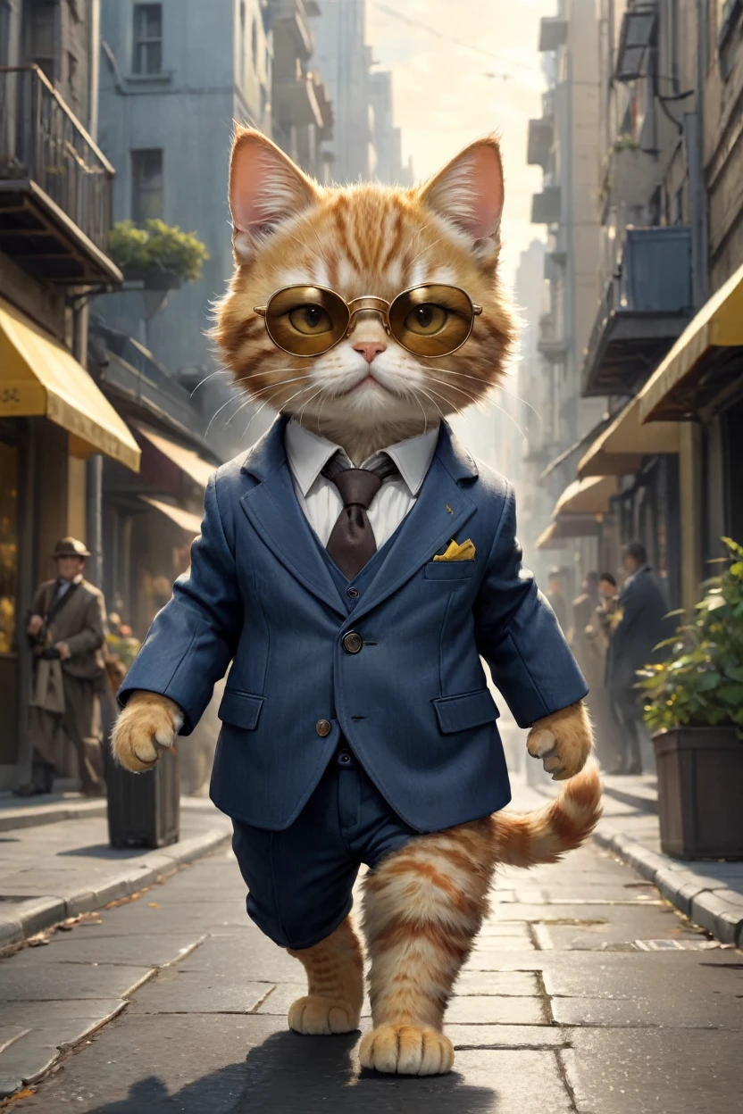 small, かわいいbornき物,Wearing a suit、sunglasses、 whole body,Walking through a peaceful modern city, Costumes,、 Fantasy art, Exquisite detail, Jean-Baptiste Monge Style, 、Alan Lee Style, An anthropomorphic, fat, furry tabby kitten with yellow eyes, Movie Scenes, Dramatic shot angles, , Realistic, born々Amazing cinematic photorealism, Action Portrait, 8K, detailed, Full Frame