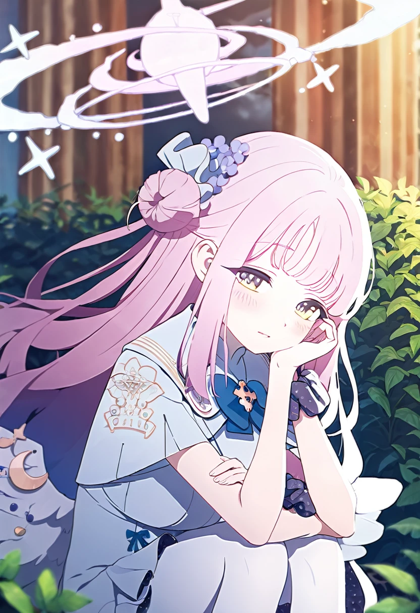 1girl, mika \(blue archive\), solo, scrunchie, wings, pink hair, wrist scrunchie on left hand, flower, dress, hair ornament, long hair, head rest, yellow eyes, white dress, day, white pantyhose, hair bun, single side bun, hair flower, white wings, halo, blush, bangs, crescent, low wings, frilled dress, potted plant, outdoors, angel wings, star \(sky\), sky, frills, pantyhose, blurry background, very aesthetic, absurdres
