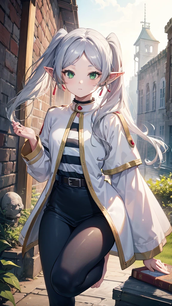 8k, high quality, high resolution, realist, Attention to details, Very detailed face, ((Masterpiece)),
((freeze base)), beautiful girl, (flat body), combine, pointy ears, gray hair, (Long twin tails), green eyes, personal,
white coatlet, striped shirt, White mini skirt, short sleeve, belt,  white coat, magic, magic circle, (Ruins in poor condition), medieval village, attractive pose,Hold the spellbook and cast magic、Thighs、barefoot、pants、underwear、half naked