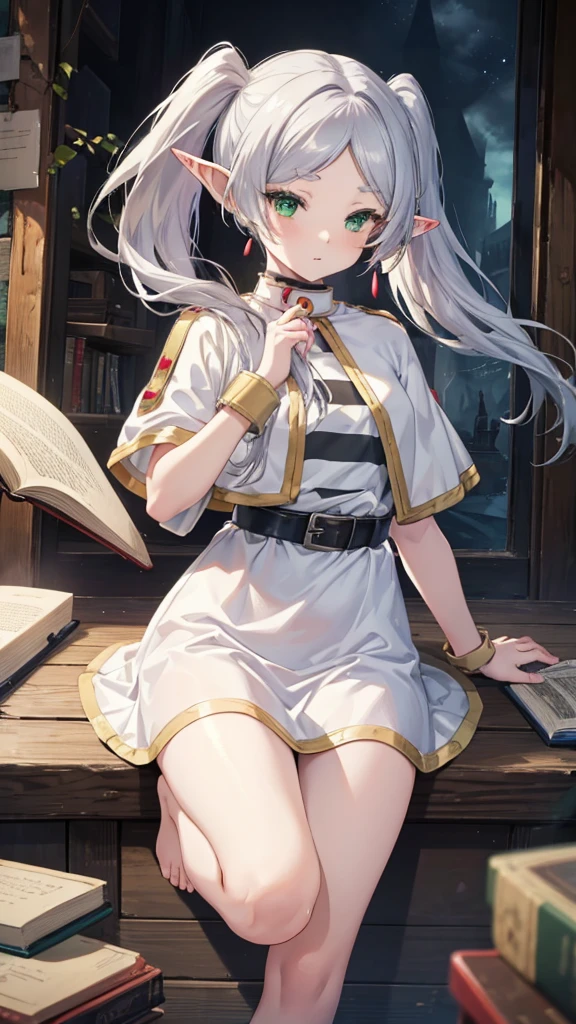 8k, high quality, high resolution, realist, Attention to details, Very detailed face, ((Masterpiece)),
((freeze base)), beautiful girl, (flat body), combine, pointy ears, gray hair, (Long twin tails), green eyes, personal,
white coatlet, striped shirt, White mini skirt, short sleeve, belt,  white coat, magic, magic circle, (Ruins in poor condition), medieval village, attractive pose,Hold the spellbook and cast magic、Thighs、barefoot、pants、underwear、half naked