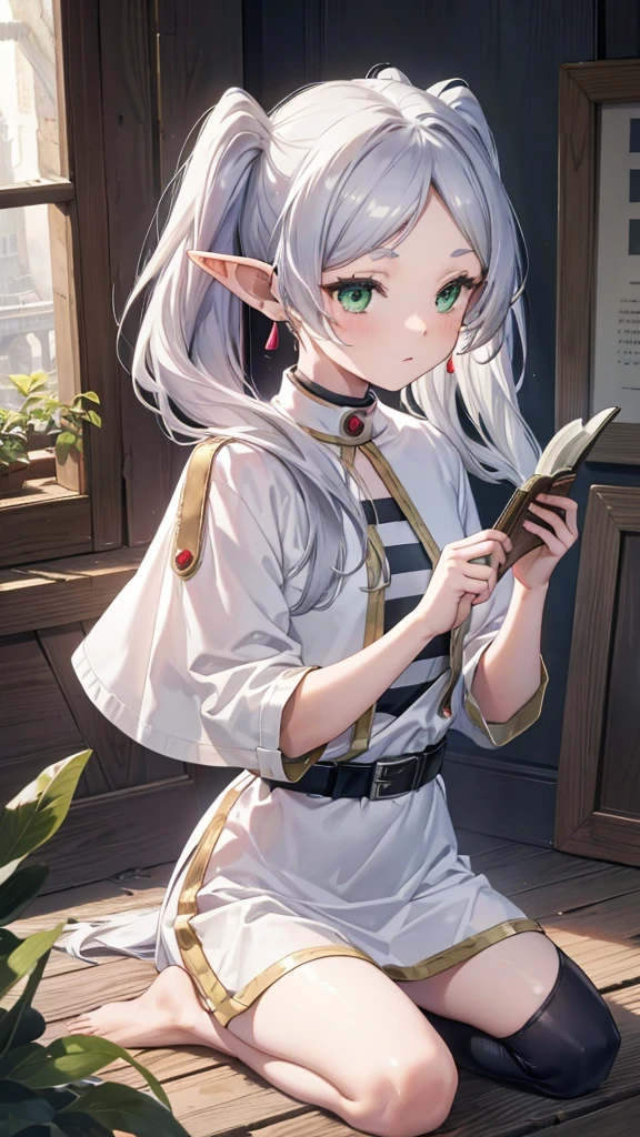 8k, high quality, high resolution, realist, Attention to details, Very detailed face, ((Masterpiece)),
((freeze base)), beautiful girl, (flat body), combine, pointy ears, gray hair, (Long twin tails), green eyes, personal,
white coatlet, striped shirt, White mini skirt, short sleeve, belt,  white coat, magic, magic circle, (Ruins in poor condition), medieval village, attractive pose,Hold the spellbook and cast magic、Thighs、barefoot、pants、underwear、half naked