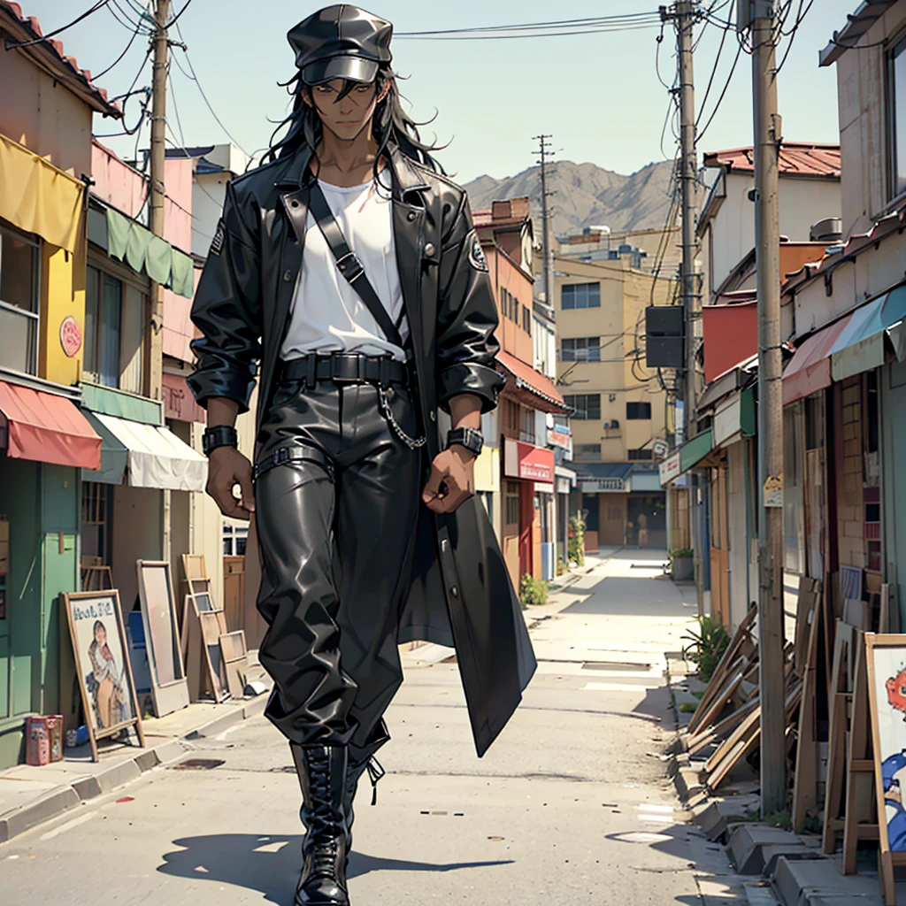((Artwork)), 4K, 90s anime style, one man, dark skin, long black hair, wearing a black hat, face covered by the shade of a hat, wearing a black leather coat, black fingerless gloves, wearing a white shirt, brown leather pants, two boots, has a belt, abandoned desert city scene, looking at the screen.
