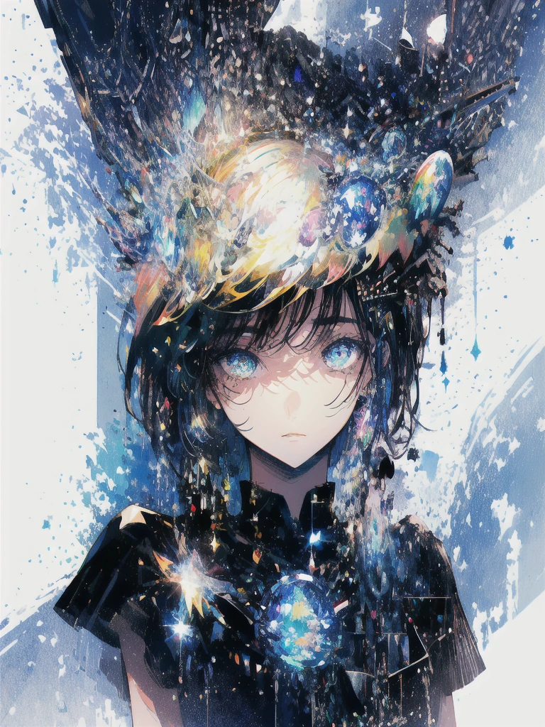 ((masterpiece, highest quality, Super detailed, High resolution)), alone, beautiful girl, shining eyes, perfect eyes, , black white gold theme,