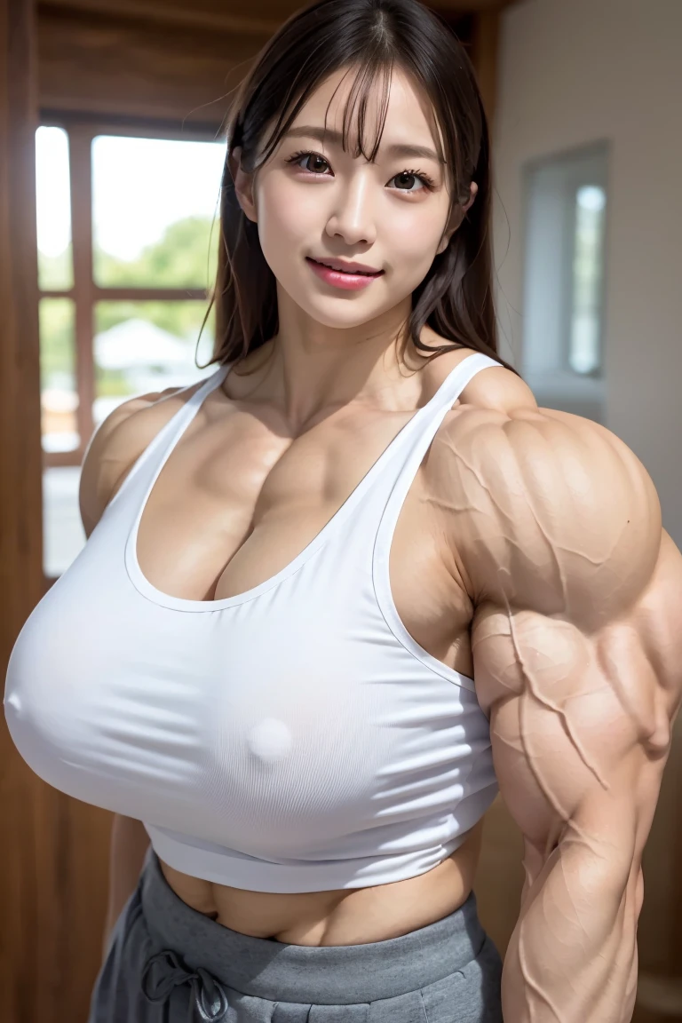 (Best quality,masterpiece,ultra detailed,8K,RAW photo,realistic,high resolution:1.2),(Pretty Japanese girl),(Super huge tits:1.4),(light brown hair),(tank top,pants:1.4),(muscular:1.8),(shoulder length),(light smile)
