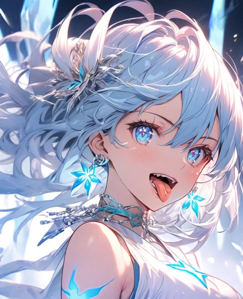 tongue,Gal,Earrings,Luminous tattoo,Blue Hair,blue eyes,The background is glowing