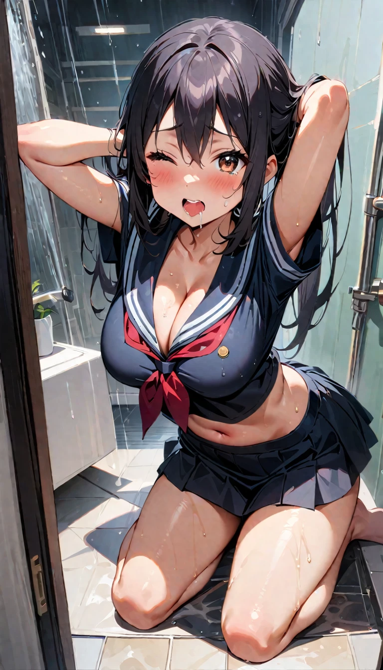 Highest quality, Super detailed, masterpiece, Ultra-high resolution, 8K, Embarrassing, blush, Lovely, Close one eye, With tears in her eyes and her mouth open, drooling, (arms behind head), wariza, (off-shoulder sailor uniform, micro mini skirt), cleavage out, crop top navel, 1girl, nakano azusa, K-On!, large breasts, Absolute area, Waistline, (Shower room, I take a shower)