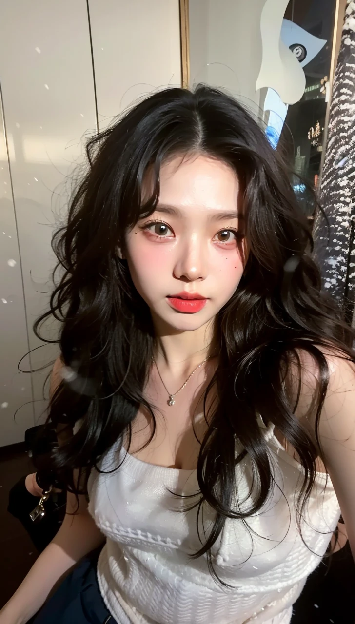 Best quality, 8k, perfect lighting, masterpiece, ultra high res, (photorealistic:1.4), raw photo,1girl, solo, realistic, looking at viewer, upper body, detailed arctic background, winter clothes, dynamic pose, snow, snowflakes, night, aurora sky, detailed oily skin, red lips, closed mouth,