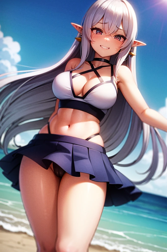(1girl:1.2) , long blue hair, ( beachfront:1.2),  (比基尼:1.3) , facing the camera, looking at the camera, thick thighs, standing, (whole body:1.2), best qualityer , (highres:1.3), realistic hair, , flacid belly , (sultry posing:1.3), (facing the camera:1.2) , seducing, Perfect artwork, anime girl, (8K:1.2), (highres:1.3), (elf ears:1.2), 26 years old, pinky skin,  (Grinning), perfect texture, great framing,  