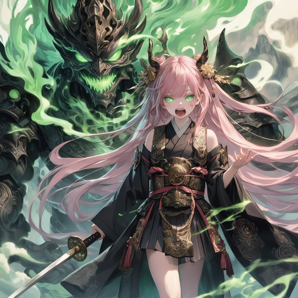 masterpiece, highest quality, A full-body illustration from the front. The main character is a young girl in a traditional Japanese long black outfit with long pink hair. She is holding a sword and behind her is a huge, menacing spirit with a terrifying expression and wearing elaborate armor. Green smoke swirls around her. Her eyes are green, matching the aura of the spirit. The overall scene is dynamic and vivid, with a mysterious and otherworldly atmosphere.