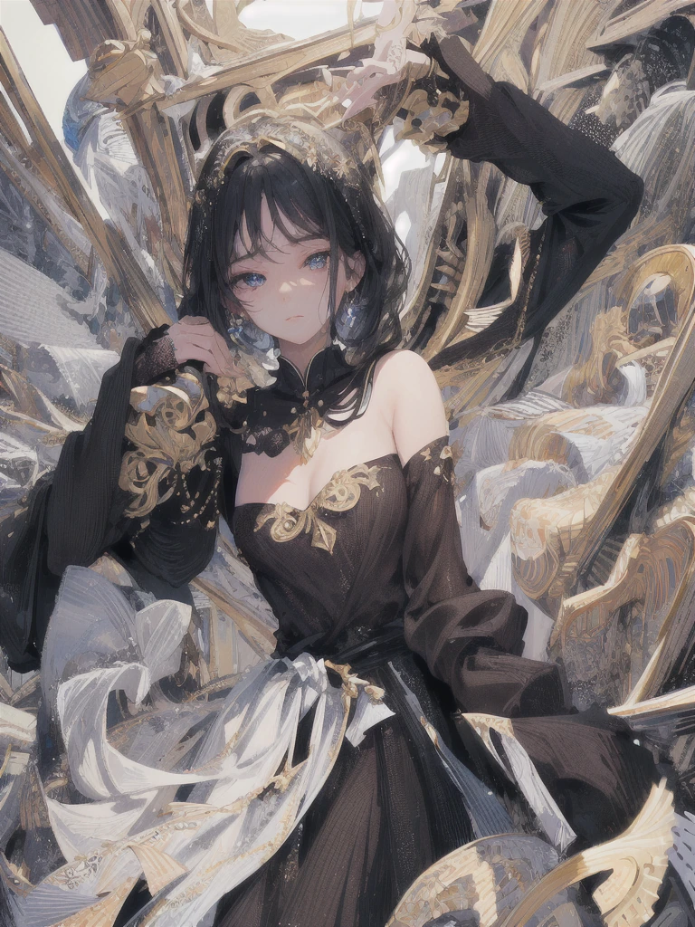 ((masterpiece, highest quality, Super detailed, High resolution)), alone, beautiful girl, shining eyes, perfect eyes, , black white gold theme,