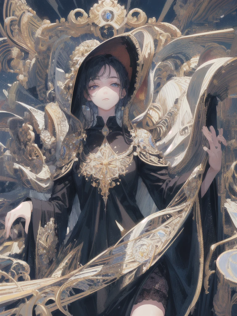 ((masterpiece, highest quality, Super detailed, High resolution)), alone, beautiful girl, shining eyes, perfect eyes, 15 years old, black white gold theme,