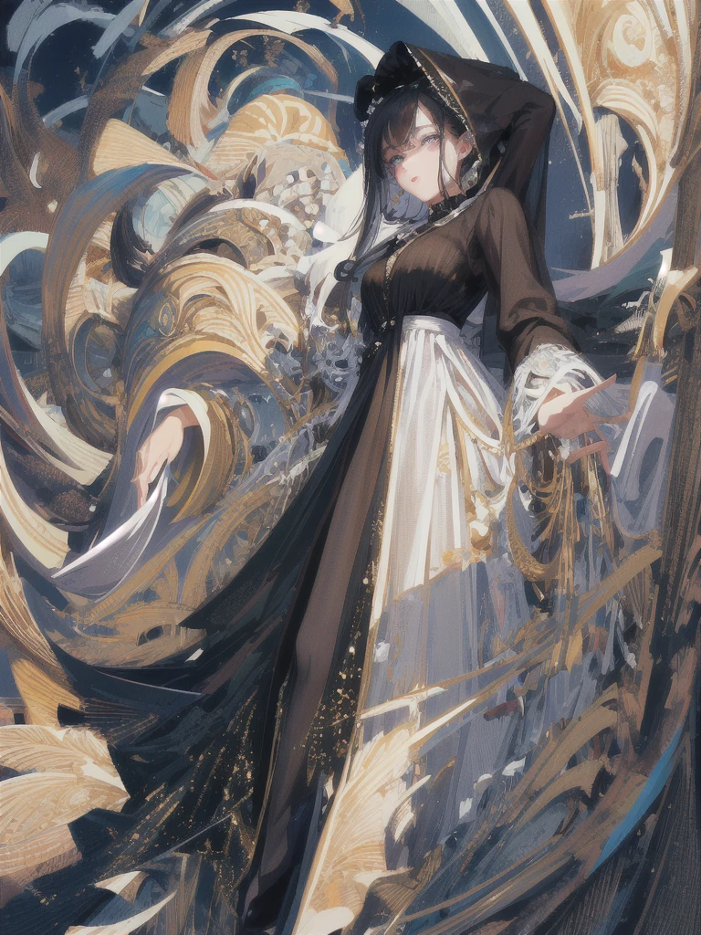 ((masterpiece, highest quality, Super detailed, High resolution)), alone, beautiful girl, shining eyes, perfect eyes, 15 years old, black white gold theme,
