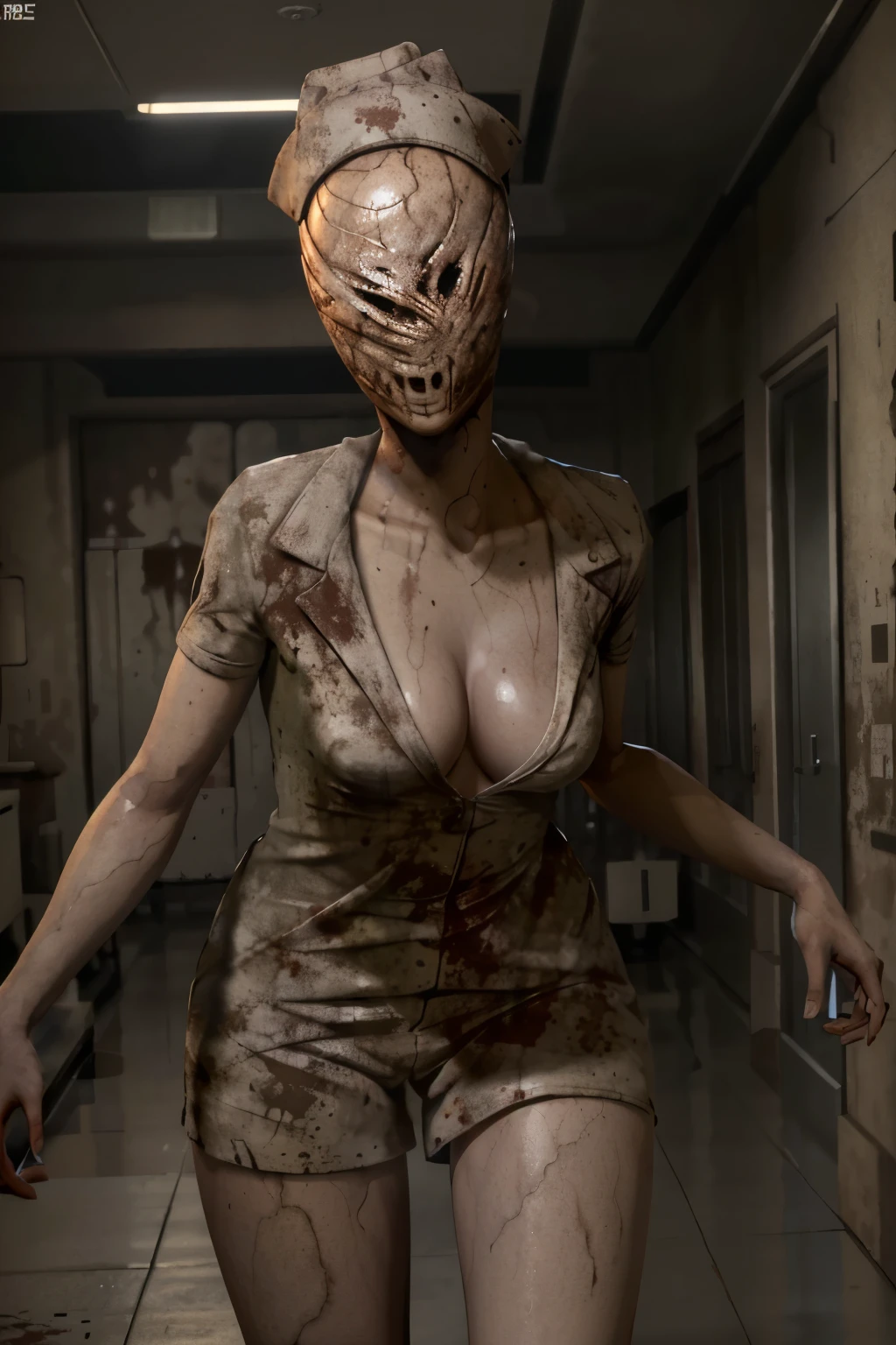 (work of art, best qualityer)
SilentHill Nurse, 1 girl, standing alone, gazing at viewer, ha, containment, neckleace, standing, missiles, with no face female, containment missiles, bloodstains, leaning forward, front viewer, 1 other, with no face, nurse cap, spots, No eyes, horor \(haa\)