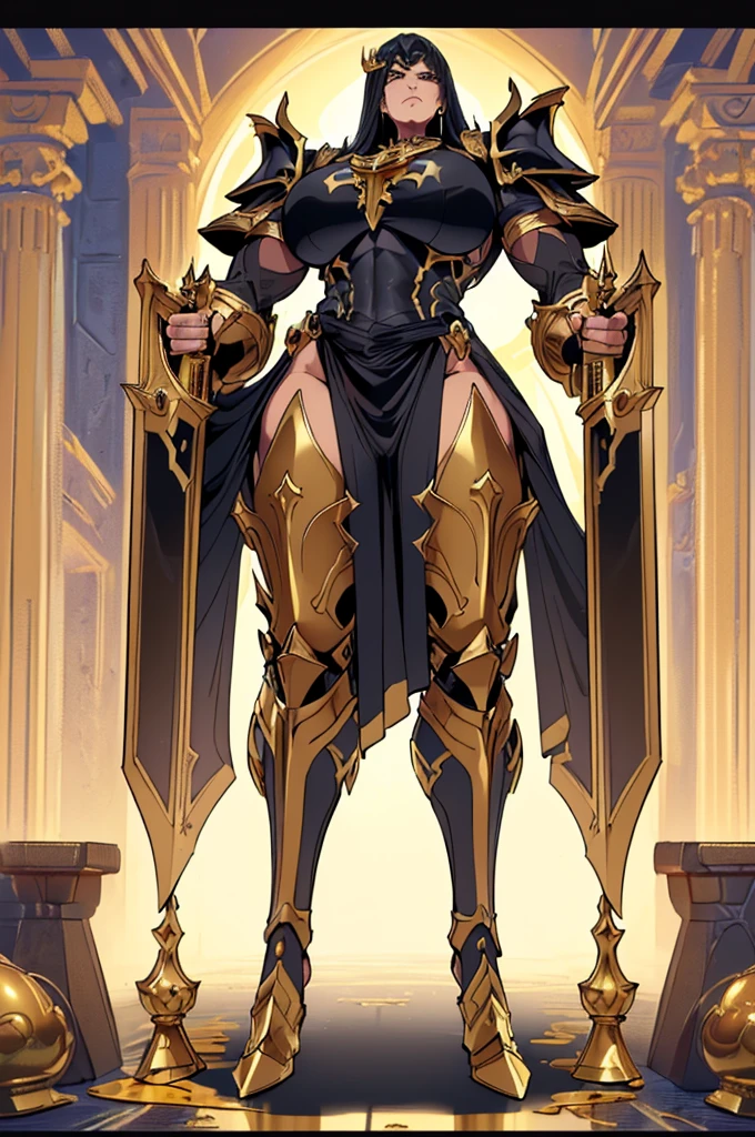 (masterpiece, best quality, high resolution, ((full body, standing,)),((huge breasts)) 1(masterpiece, best quality, high resolution, ((full body, standing,)) 1 man mature, muscular body, black fantasy paladin armor with full body gold details, large golden cross-shaped mallet in the right hand, imposing posture