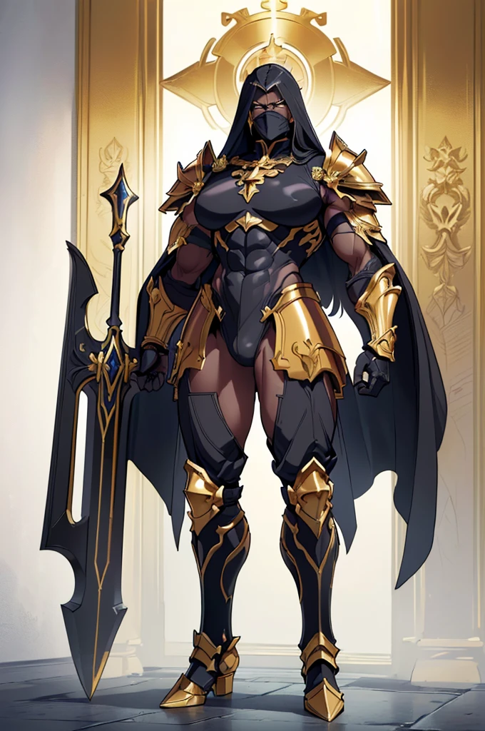 (masterpiece, best quality, high resolution, ((full body, standing,)),((huge breasts)) 1(masterpiece, best quality, high resolution, ((full body, standing,)) 1 man mature, muscular body, black fantasy paladin armor with full body gold details, large golden cross-shaped mallet in the right hand, imposing posture
