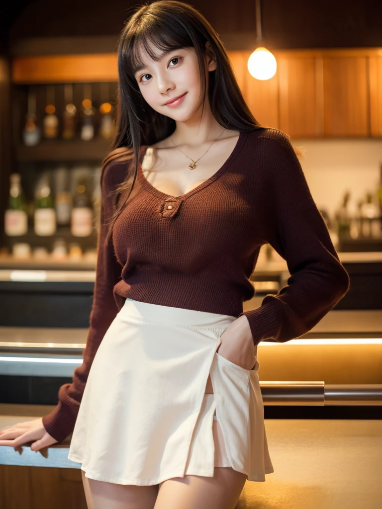 A very cute face like an idol、Looks like a young face、20-year-old female、Gentle and cute、A kind smile、((In a blouse))、((Colored mini skirts))、(((White panties)))、(((Roll up the skirt yourself)))、(((Lift your skirt yourself)))、(((Lifting her skirt to show her panties)))、(((whole bodyの姿)))、Cleavage、A crowded bar、Cinema lighting、Natural light、whole body、Artistic、RAW Photos、Genuine、High quality that is indistinguishable from real life、realism、Real Stick、High resolution、masterpiece