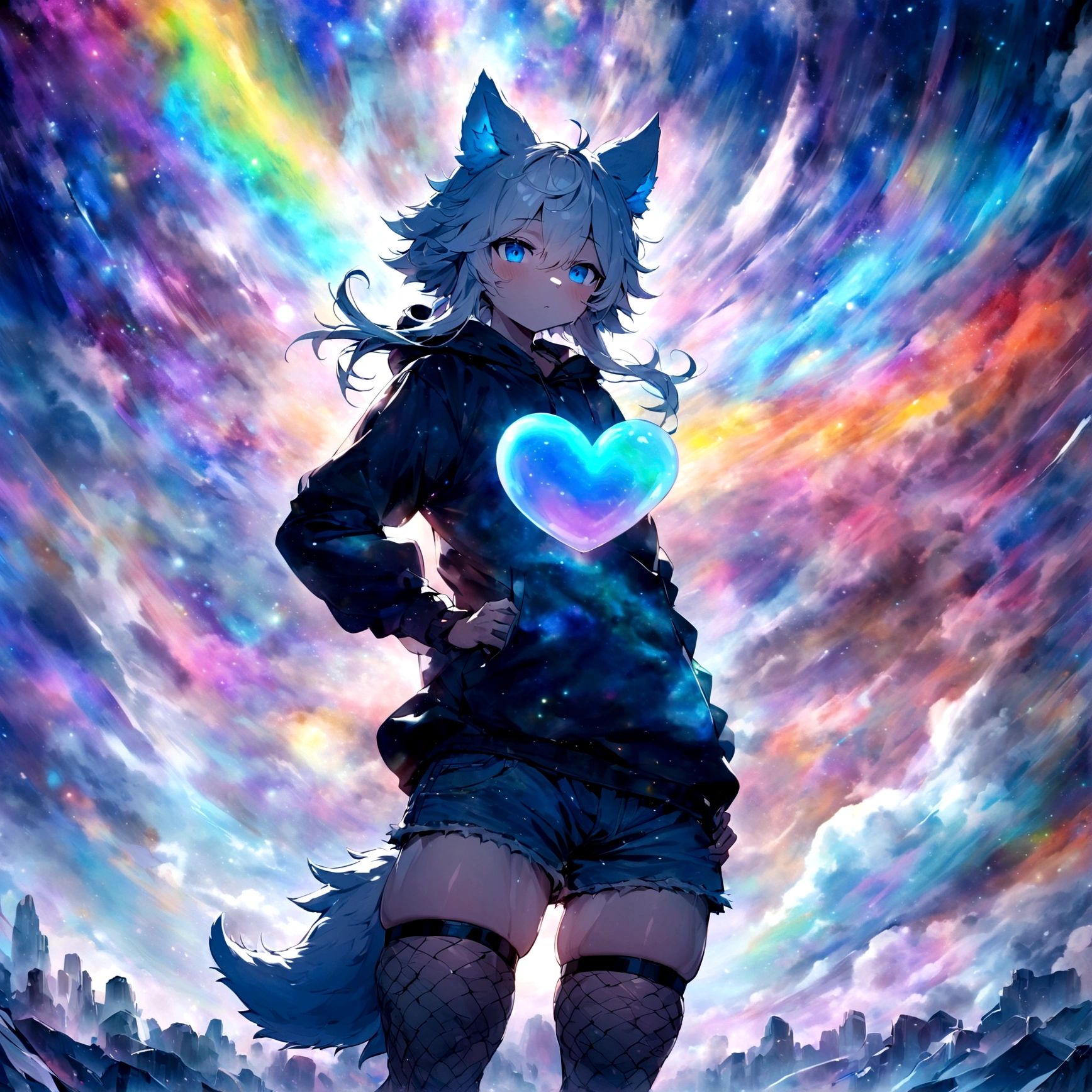 a cute adult male with wolf ears, long white hair, long locks, has a wolf tail, wearing a loose cropped black hoodie, wearing a pair of denim short shorts and fishnet stockings, thick thighs, wide hips, relaxing on mound of fluffy multi colored kawaii plushies, short, very slim, showing slender tummy, heart on hoodie, squishy thighs, has glowing blue eyes. alone, solo (ALONE)(SOLO), surrounded by rainbows, colorful galaxy backround