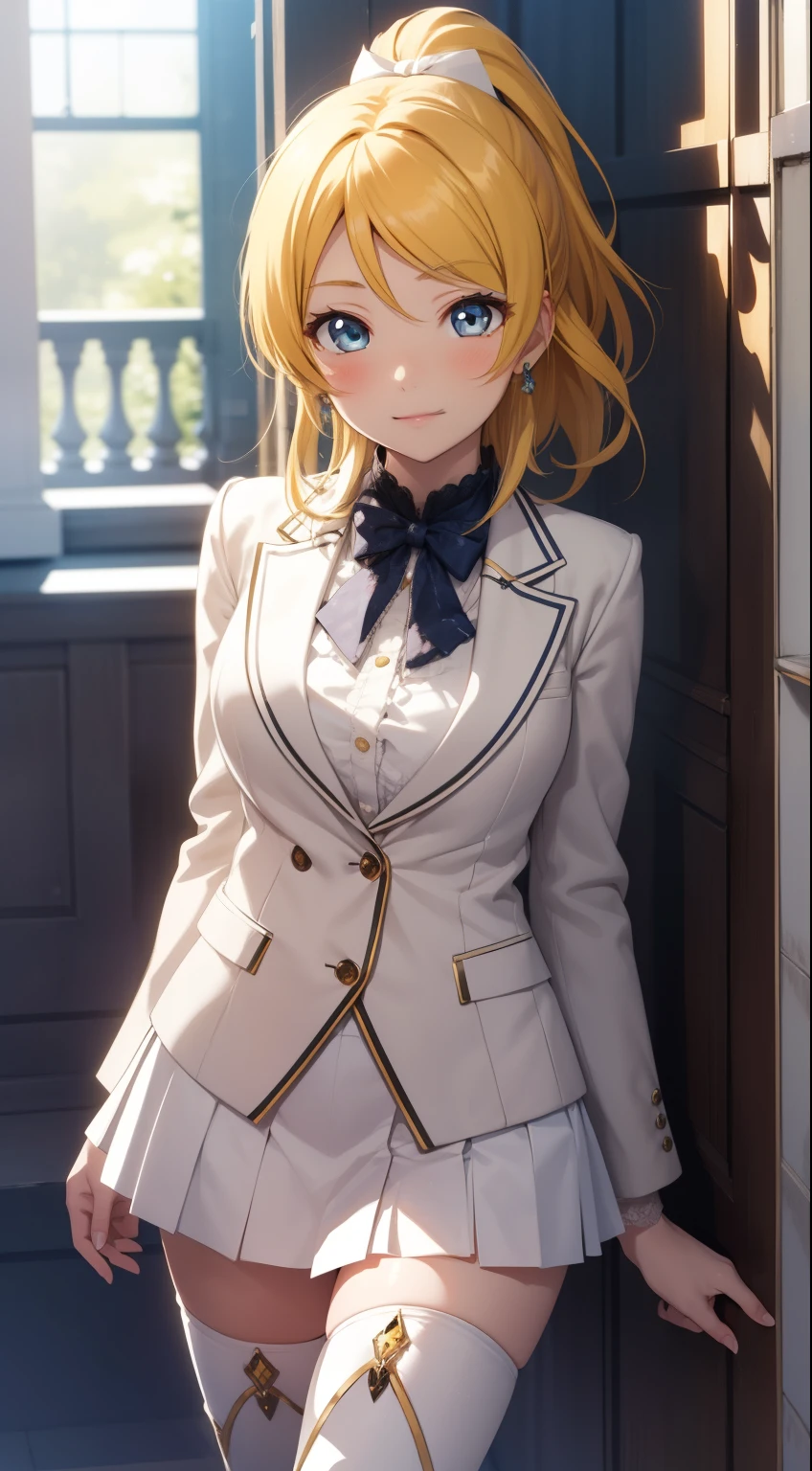 eliayase, eli ayase, yellow hair, blue eyes, ponytail, hair ribbon, masterpiece, best quality, high resolution, unity 8k wallpaper, illustration, beautiful detailed eyes, blush, glossy lips, perfect lighting, extremely detailed CG, perfect , light smile, white blazer, red , white thigh boots