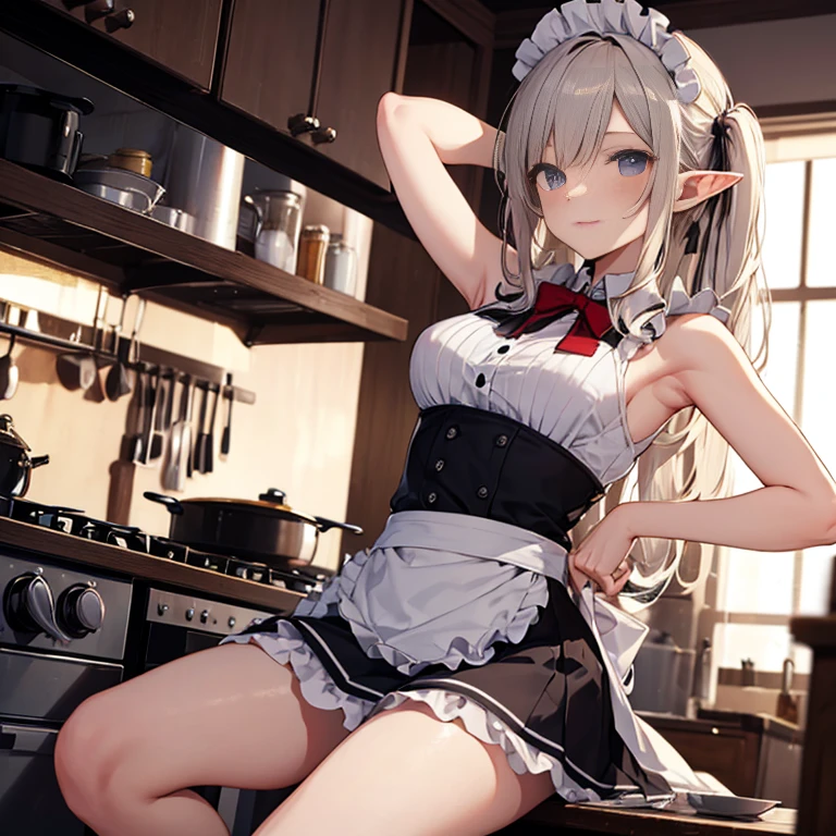 A maid, (in kitchen), various hair styles, night, details face, short skirt, seducing, sleeveless, maid uniform, armpits, elf