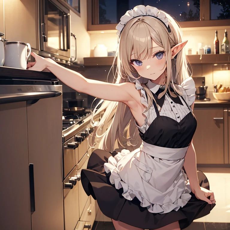 A maid, (in kitchen), various hair styles, night, details face, short skirt, seducing, sleeveless, maid uniform, armpits, elf
