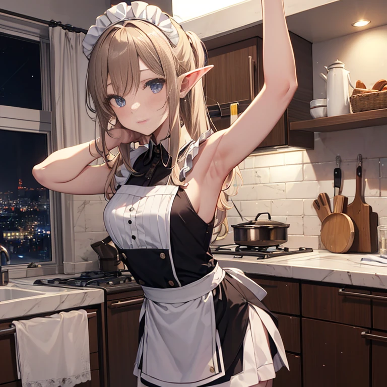 A maid, (in kitchen), various hair styles, night, details face, short skirt, seducing, sleeveless, maid uniform, armpits, elf